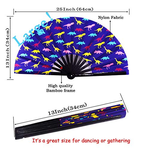 Amajiji Large Rave Folding Hand Fan for Men/Women, Chinease/Japanese Bamboo Hand Fan, Festival Accessories Performance Decoration Gift Dance Handheld Fan (Dinosaur)