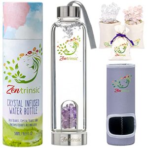 zentrinsic crystal-infused-water-bottle, inc 3 crystals- rose-quartz-clear-quartz & amethyst eco-friendly and perfect for yoga-meditation-reiki-spiritual-gifts healing stones and elixir energy 16.9 oz
