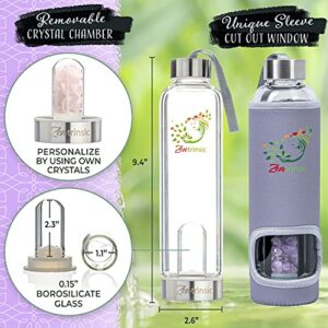 Zentrinsic Crystal-Infused-Water-Bottle, Inc 3 crystals- Rose-Quartz-Clear-Quartz & Amethyst Eco-Friendly and perfect for yoga-meditation-reiki-spiritual-gifts Healing Stones and Elixir Energy 16.9 oz