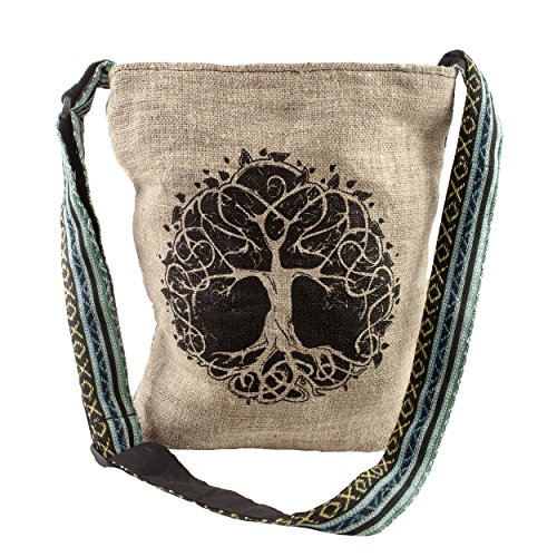 Tree of Life Canvas Crossbody Sling Purse with Tranquil Boho Stripes, Made with Hemp and Cotton, Great For Festivals, Beach, Everyday Wear & More