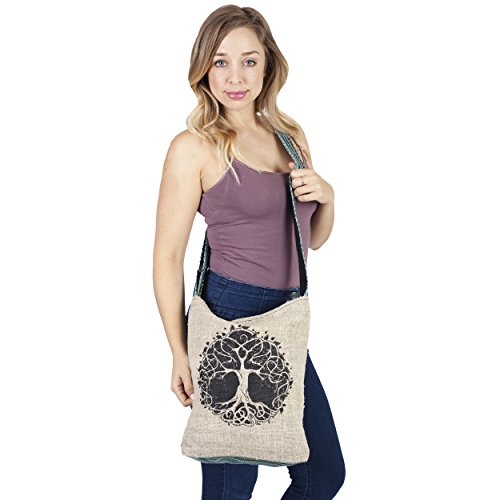 Tree of Life Canvas Crossbody Sling Purse with Tranquil Boho Stripes, Made with Hemp and Cotton, Great For Festivals, Beach, Everyday Wear & More