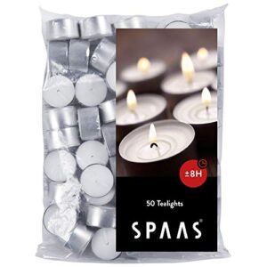 spaas tea light candles – white with aluminium cup, unscented, burn 7-8 hours, set of 50, produced by top 3 european manufacturer, perfect for candle holders, tea warmers, tart and food warmers, votives, fits paper lantern, hangers, burner and jars