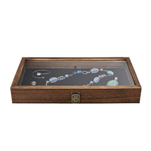 MOOCA Wooden Jewelry display case with Tempered Glass Top Lid, Brown Color