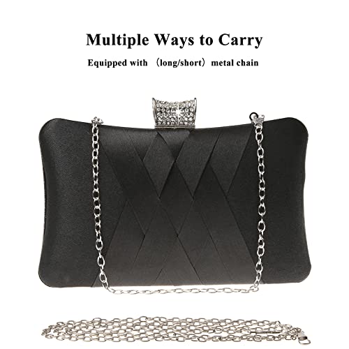 DA BODAN Fashion Womens Jane Satin Diamante Clutch Rhinestone Evening Bridal Prom Party Handbag Crossbody Purse Chain Bag (Black)