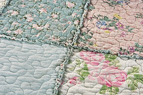 Chezmoi Collection Abbi 1-Piece Garden Floral Shabby Chic Throw Pre-Washed Cotton Ruffle Trim Patchwork Throw Blanket