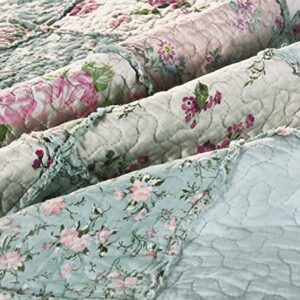 Chezmoi Collection Abbi 1-Piece Garden Floral Shabby Chic Throw Pre-Washed Cotton Ruffle Trim Patchwork Throw Blanket