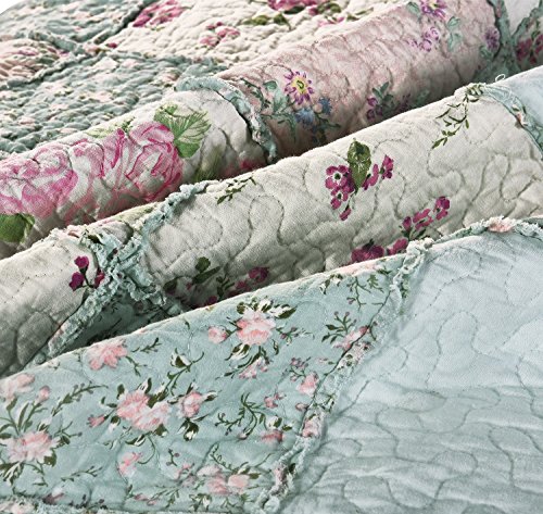 Chezmoi Collection Abbi 1-Piece Garden Floral Shabby Chic Throw Pre-Washed Cotton Ruffle Trim Patchwork Throw Blanket