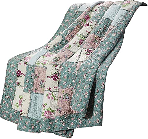 Chezmoi Collection Abbi 1-Piece Garden Floral Shabby Chic Throw Pre-Washed Cotton Ruffle Trim Patchwork Throw Blanket