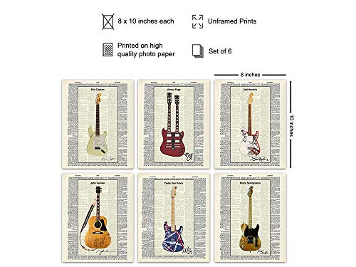 Guitar Wall Decor Poster Set - Musician Gifts for Jimi Hendrix, Eddie Van Halen, John Lennon, Jimmy Page, Eric Clapton, Music Fans - Home Decor, Wall Art, Print Set - 8x10