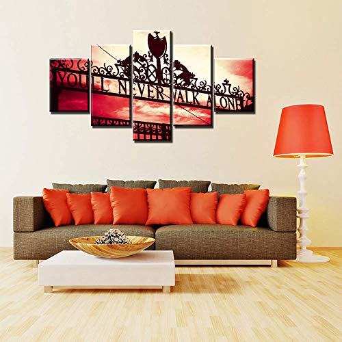Canvas Art Wall Decor Football Club - You'll Never Walk Alone Picture Poster Framed Artwork 5 Piece Wall Art Room Decoration Ready to Hang(60''Wx32''H)
