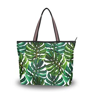 women tote top handle shoulder bags watercolor monstera leaf large zip ladies handbag