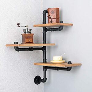 weven industrial pipe corner shelves wall mount bookshelf, 3-tiers metal&wood shelves,diy storage shelving rustic floating shelves,home decory shelves