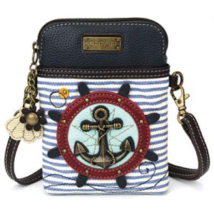 chala crossbody cell phone purse – women pu leather multicolor handbag with adjustable strap – anchor – blue & white stripe