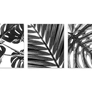 Grey Tropical Leaf Botanical Wall Art 3 Piece Print Set 8x10 Unframed Black and White Monstera and Palm Leaves for Bathroom, Bedroom Home Decor Idea