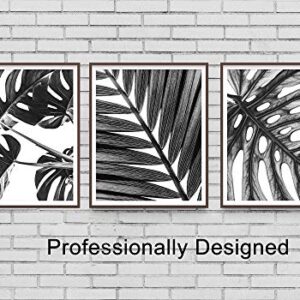 Grey Tropical Leaf Botanical Wall Art 3 Piece Print Set 8x10 Unframed Black and White Monstera and Palm Leaves for Bathroom, Bedroom Home Decor Idea