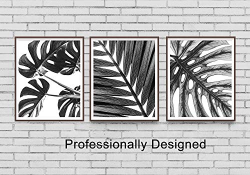 Grey Tropical Leaf Botanical Wall Art 3 Piece Print Set 8x10 Unframed Black and White Monstera and Palm Leaves for Bathroom, Bedroom Home Decor Idea