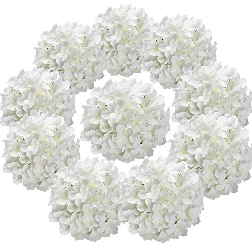Flojery Silk Hydrangea Heads Artificial Flowers Heads with Stems for Home Wedding Decor,Pack of 10 (White)