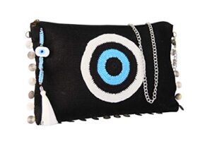 karensline handmade evil eye black blue clutch bag for women beach bag zipper closure wipeable lining with crystals tassels (w/chain)