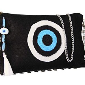 KarensLine Handmade Evil Eye Black Blue Clutch Bag for Women Beach Bag Zipper Closure Wipeable Lining with Crystals Tassels (w/Chain)