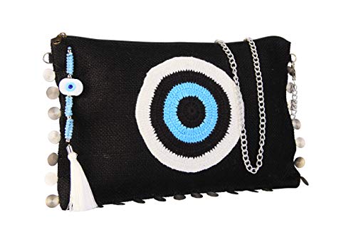 KarensLine Handmade Evil Eye Black Blue Clutch Bag for Women Beach Bag Zipper Closure Wipeable Lining with Crystals Tassels (w/Chain)