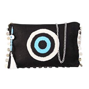 KarensLine Handmade Evil Eye Black Blue Clutch Bag for Women Beach Bag Zipper Closure Wipeable Lining with Crystals Tassels (w/Chain)