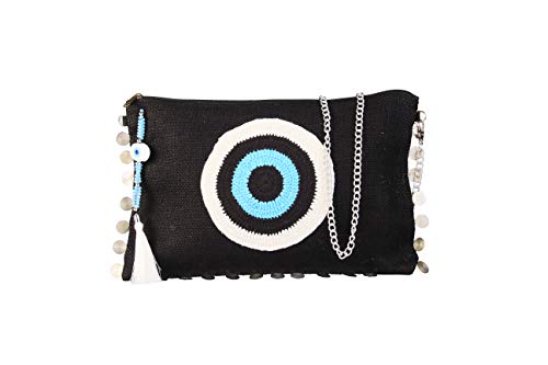 KarensLine Handmade Evil Eye Black Blue Clutch Bag for Women Beach Bag Zipper Closure Wipeable Lining with Crystals Tassels (w/Chain)