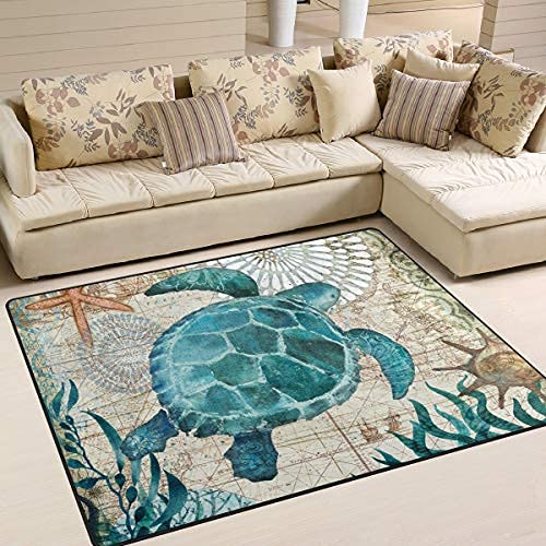 Blue Sea Turtle Nautical Map Area Rug 7' x 5' Door Mats Indoor Polyester Non Slip Multi Rectangle Carpet Kitchen Floor Runner Decoration for Home Bedroom Living Dining Room