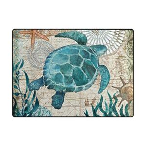 Blue Sea Turtle Nautical Map Area Rug 7' x 5' Door Mats Indoor Polyester Non Slip Multi Rectangle Carpet Kitchen Floor Runner Decoration for Home Bedroom Living Dining Room