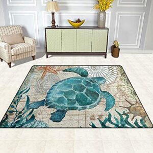 Blue Sea Turtle Nautical Map Area Rug 7' x 5' Door Mats Indoor Polyester Non Slip Multi Rectangle Carpet Kitchen Floor Runner Decoration for Home Bedroom Living Dining Room