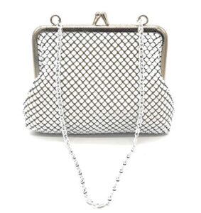 x-small women clutch metal mesh purse hand carry chain for cocktail party prom wedding banquet (white)