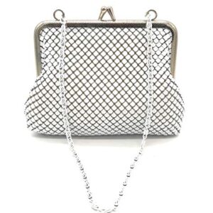 X-Small Women clutch metal mesh purse Hand carry chain for Cocktail Party Prom Wedding Banquet (White)