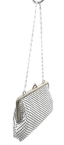 X-Small Women clutch metal mesh purse Hand carry chain for Cocktail Party Prom Wedding Banquet (White)