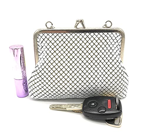 X-Small Women clutch metal mesh purse Hand carry chain for Cocktail Party Prom Wedding Banquet (White)