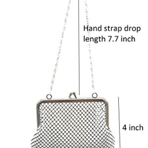 X-Small Women clutch metal mesh purse Hand carry chain for Cocktail Party Prom Wedding Banquet (White)