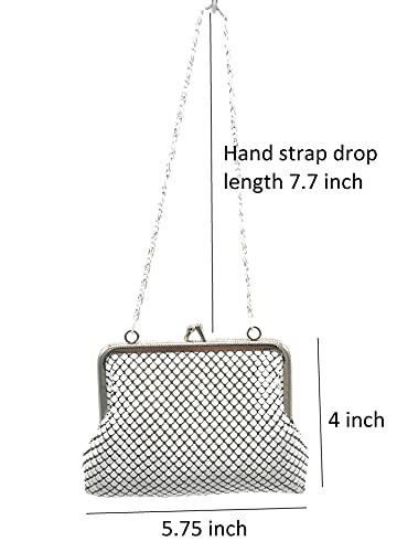 X-Small Women clutch metal mesh purse Hand carry chain for Cocktail Party Prom Wedding Banquet (White)