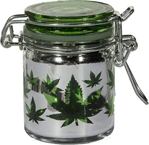 airtight glass herb mini storage jar with clamping lid in choice of design (metallic silver/green leaves, small)