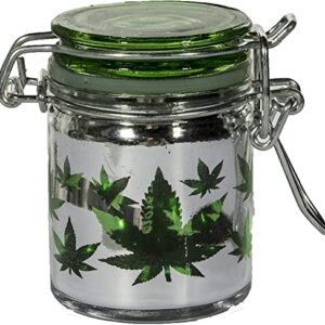 Airtight Glass Herb Mini Storage Jar with Clamping Lid in Choice of Design (Metallic Silver/Green Leaves, Small)