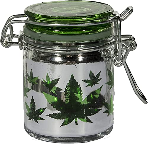 Airtight Glass Herb Mini Storage Jar with Clamping Lid in Choice of Design (Metallic Silver/Green Leaves, Small)