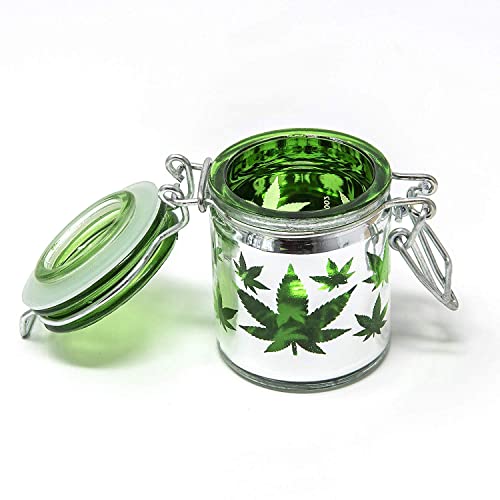 Airtight Glass Herb Mini Storage Jar with Clamping Lid in Choice of Design (Metallic Silver/Green Leaves, Small)