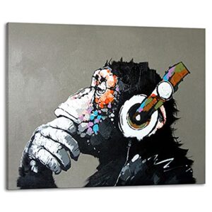 muzagroo art music monkey with headphone oil paintings hand painted on canvas wall art for living room chimps media room art m