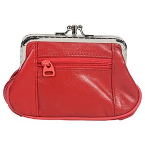 women’s leather metal frame double clasp zipper coin purse 5 1/4″ x 3 1/4″ (red)