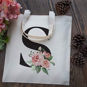 Personalized Floral Initial Cotton Canvas Tote Bag for Events Bachelorette Party Baby Shower Bridal Shower Bridesmaid Christmas Gift Bag | Daily Use | Totes for Yoga, Pilates, Gym, Workout | Initial T