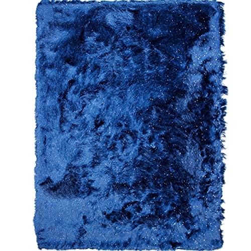 8x10 Feet Navy Blue Dark Blue Color Solid Plush 3D Pile Decorative Designer Area Rug Carpet Bedroom Living Room Indoor Shag Shaggy Shimmer Shiny Glitter Furry Flokati Plush Pile Modern Contemporary