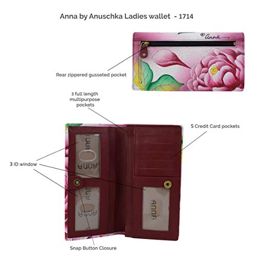 Anna by Anuschka Womens Handpainted Leather Ladies Wallet Snap Button Closure, Rose Safari Grey,One Size