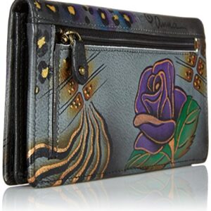 Anna by Anuschka Womens Handpainted Leather Ladies Wallet Snap Button Closure, Rose Safari Grey,One Size