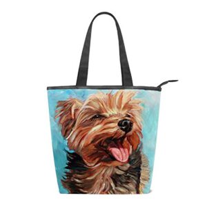 Women's Handbags Canvas Shoulder Bags Happy Yorkie Puppy Handbag Retro Casual Tote Purses