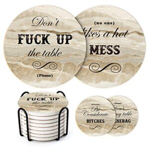 lifver funny coasters for drinks with holder, set of 8 marble style absorbent drink coasters with cork base, house warming gifts new home, perfect for home decor, bar coaster with 4 sayings, 4 inch