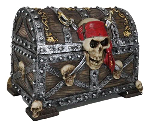 Ebros Large Pirate Ghosts Of The Caribbean Pirate Marauder Skull With Criss Cross Blades Treasure Chest Box Jewelry Box Figurine 7.25"Long