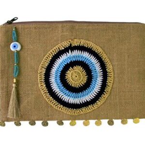 Karens Line Mia Evil Eye Eco Friendly Jute Handheld Clutch Purse Large Space with Zipper Closure&Crystal Decoration Natural Beige