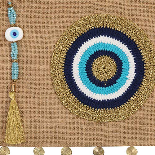 Karens Line Mia Evil Eye Eco Friendly Jute Handheld Clutch Purse Large Space with Zipper Closure&Crystal Decoration Natural Beige